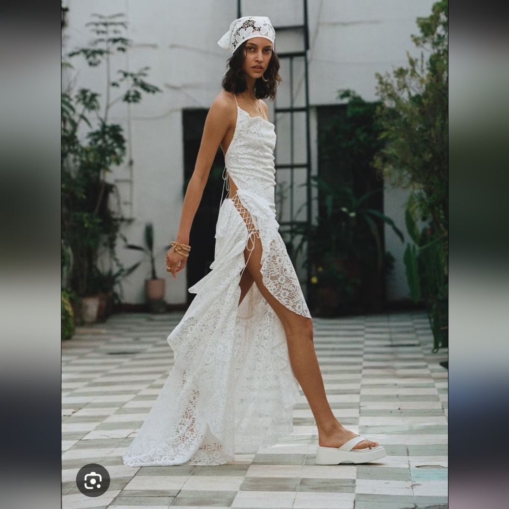 NWT For Love And Lemons Carmela Ivory White Lace Maxi Halter Dress L Large